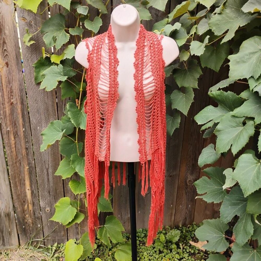 POL Crochet Fringe Vest Small Burnt Orange Open Front Open Work Boho Festival